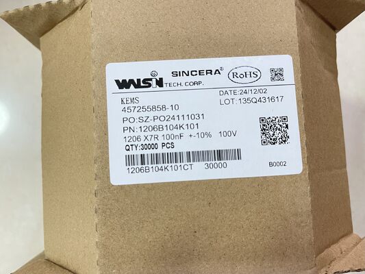 1206B104K101CT   MLCC 1206 kasus X7R dielektrik 0.1μF ± 10% 100V bernomor rendah ESR luas -55 ° C sampai + 125 ° C rentang sempurna untuk pemisahan dan penyaringan daya