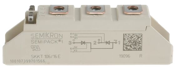 SKKT106/16E 1600V 106A Modul Thyristor Ganda VF Rendah 1.35V Lonjakan 2.4kA Kontak Tekanan Basis Keramik AlN SEMIPACK1 Terisolasi Bersertifikat UL untuk Soft Starter dan Drive