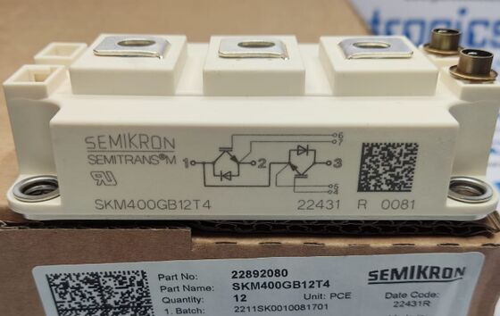 SKM400GB12T4 1200V 400A Dual IGBT Module TRENCHSTOPTM IGBT4 Low VCE ((sat) 1.75V 10μs SC Kapasitas CAL Diode Low Switching Losses SEMITRANS3 UL Sertifikasi untuk High-Power Drives