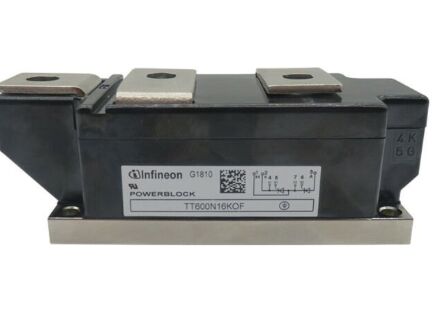 TT600N16KOF 1600V 600A Modul Thyristor Ganda VF Rendah 1.32V Lonjakan Tinggi 21kA Teknologi Kontak Tekanan Pelat Dasar Terisolasi Gerbang Parit Bersertifikat UL untuk Starter Lunak dan Penyearah